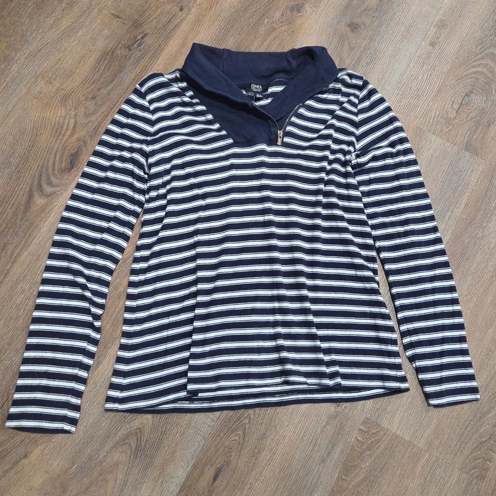 Jones New York Signature Navy White Striped Quarter Zip Cotton Top Womens Large